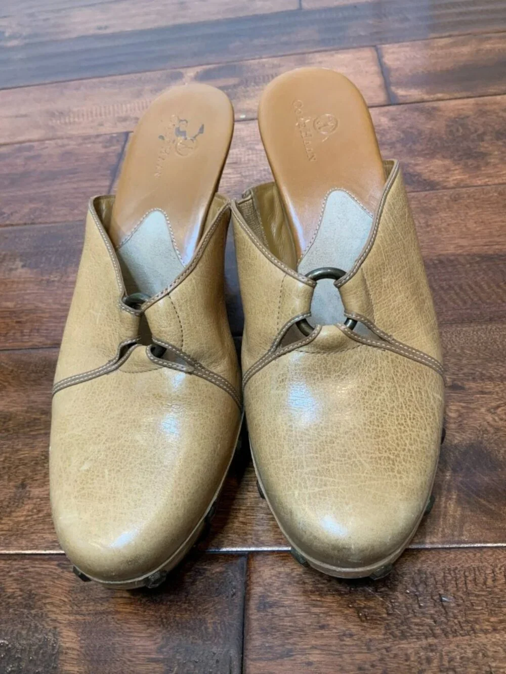 Cole Haan Tan Leather Studded Platform Mules W/Wooden Heels, Size 9